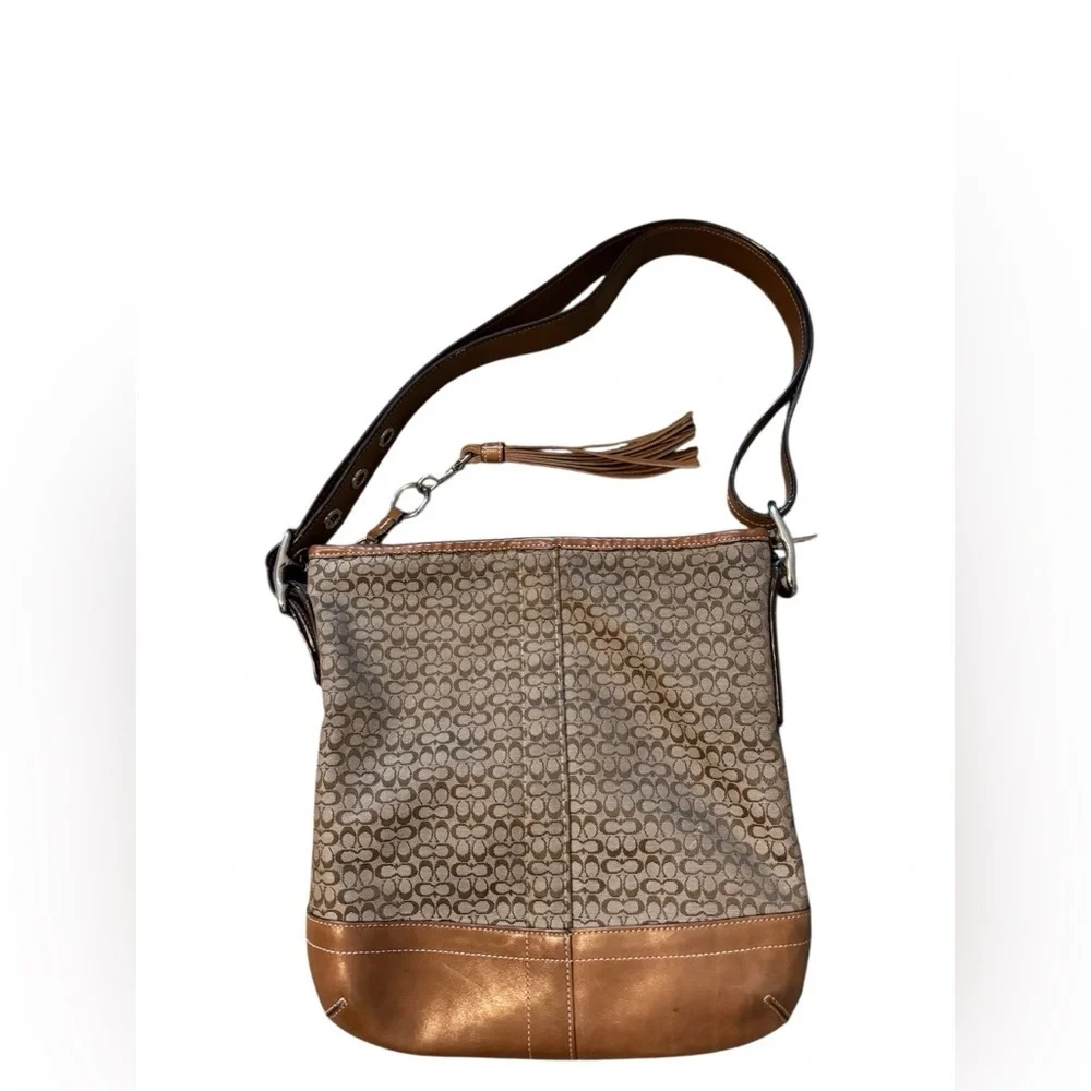 Coach Tan and Brown Mini Jacquard Convertible Shoulder Bag with Signature Design